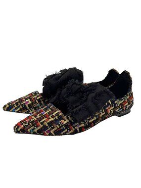 Zara Ballet Flats Multicolor Tweed Pointed Toe Black Bow Women's EU 37/US 6.5